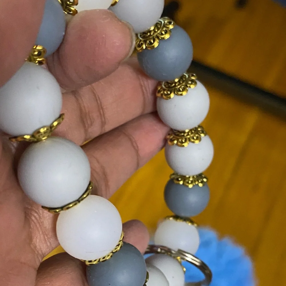 Blue Pom-Pom Bracelet Keychain with Tassel